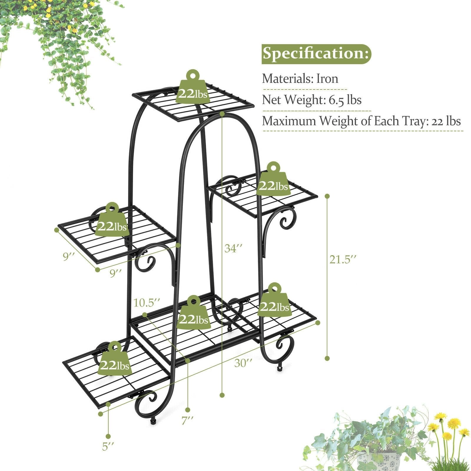 6-Tier Plant Stand with Adjustable Foot Pads, Black Plant Stands   at Gallery Canada