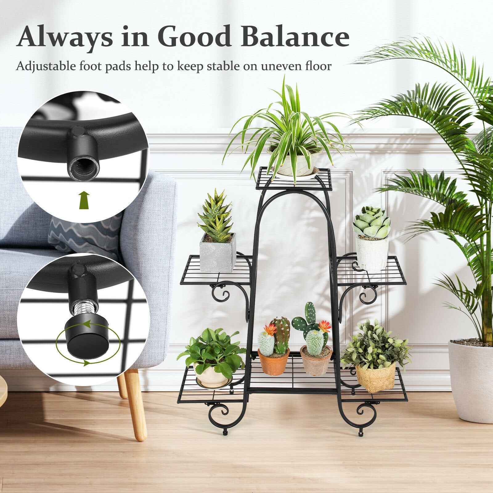 6-Tier Plant Stand with Adjustable Foot Pads, Black Plant Stands   at Gallery Canada