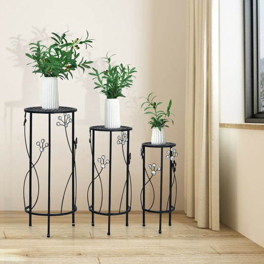 3 Pieces Metal Plant Stand Set with Crystal Floral Accents Round, Black - Gallery Canada