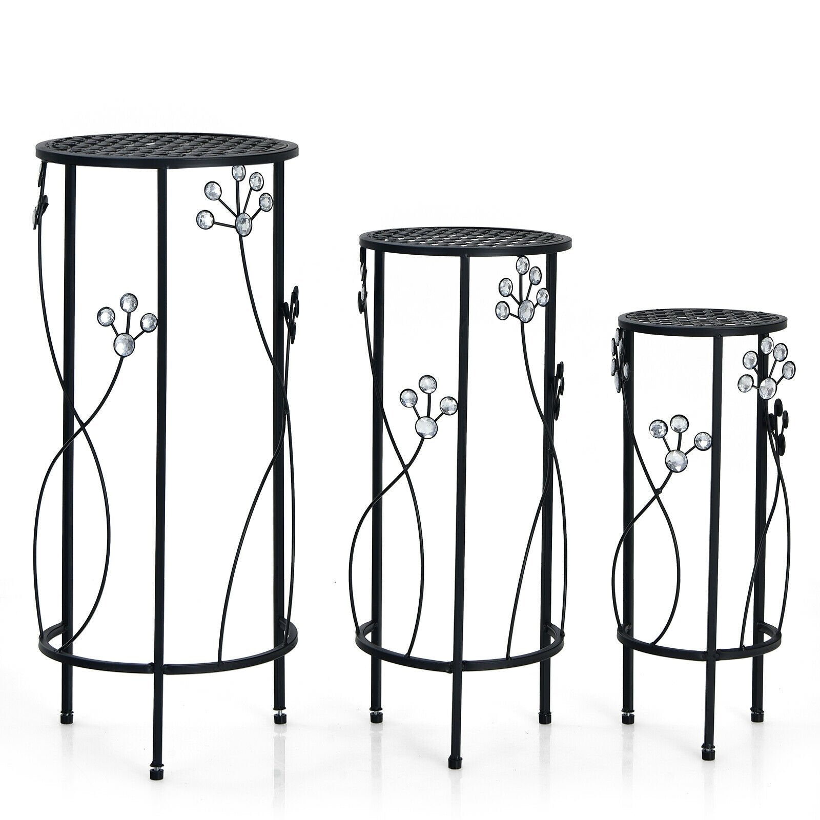 3 Pieces Metal Plant Stand Set with Crystal Floral Accents Round, Black Plant Stands   at Gallery Canada