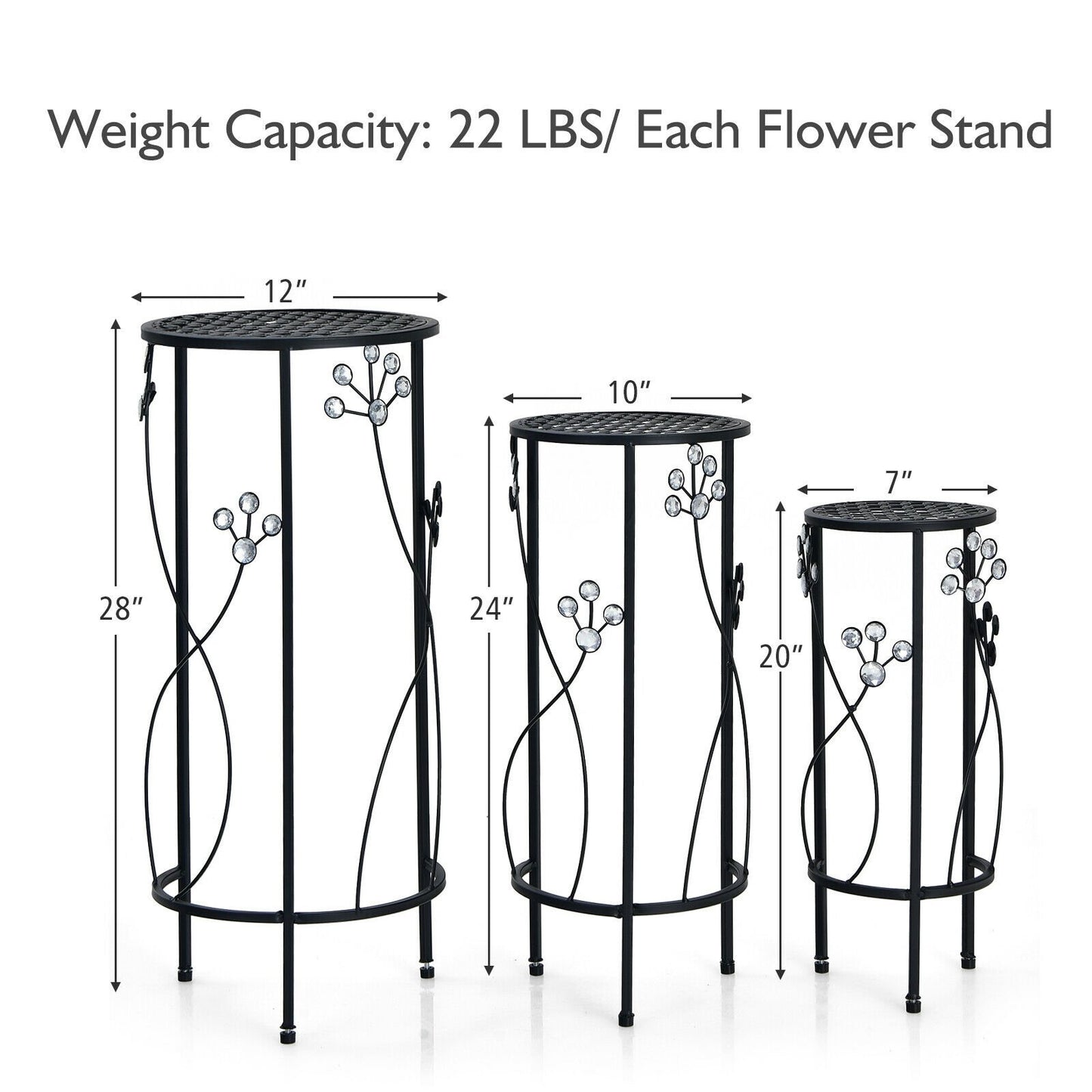 3 Pieces Metal Plant Stand Set with Crystal Floral Accents Round, Black Plant Stands   at Gallery Canada