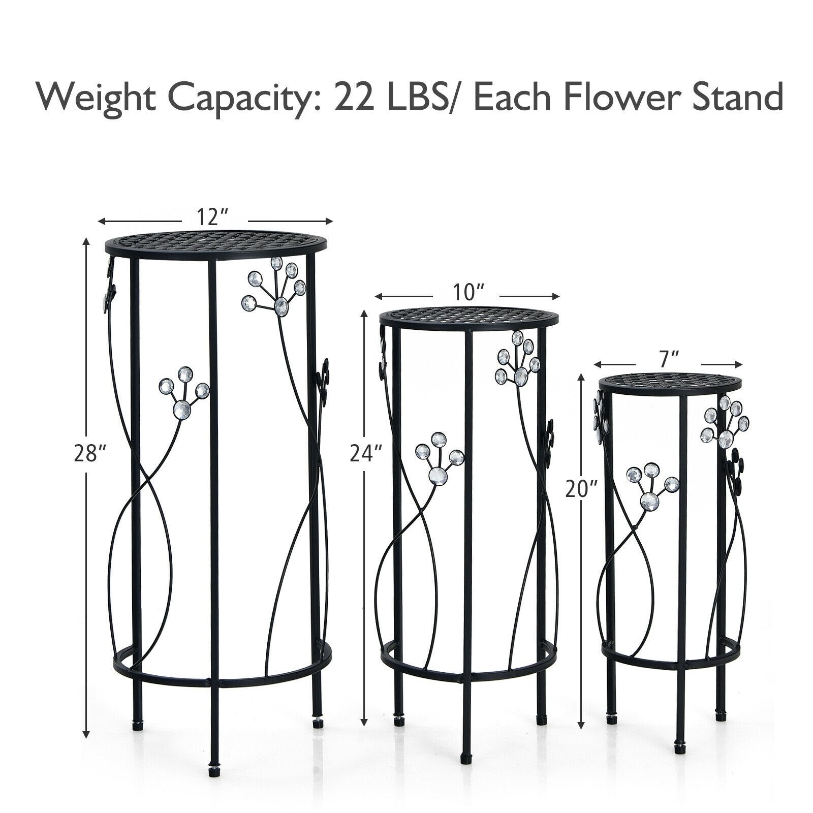 3 Pieces Metal Plant Stand Set with Crystal Floral Accents Round, Black - Gallery Canada
