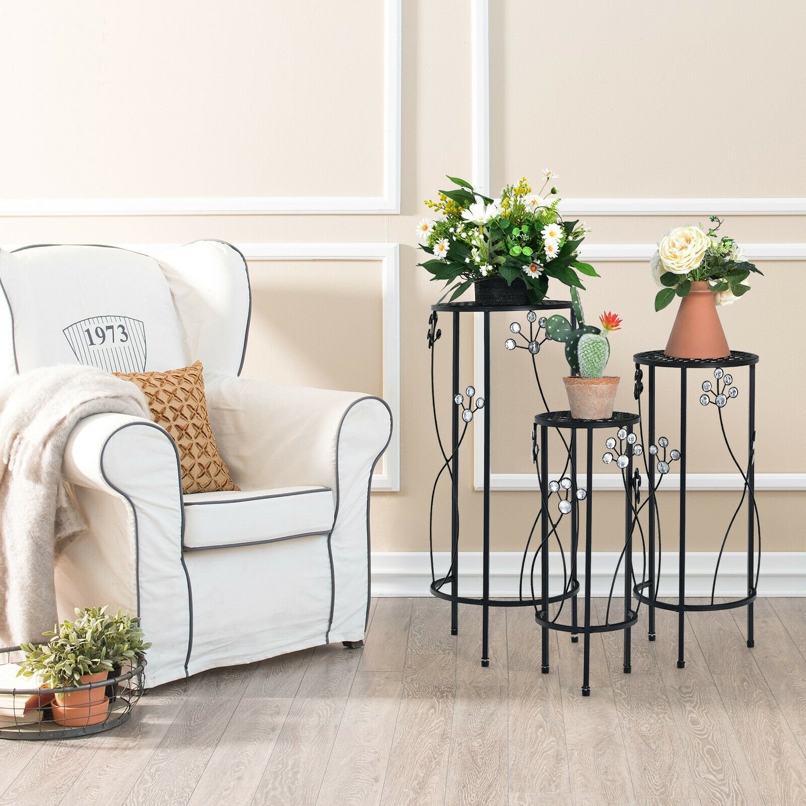 3 Pieces Metal Plant Stand Set with Crystal Floral Accents Round, Black Plant Stands   at Gallery Canada