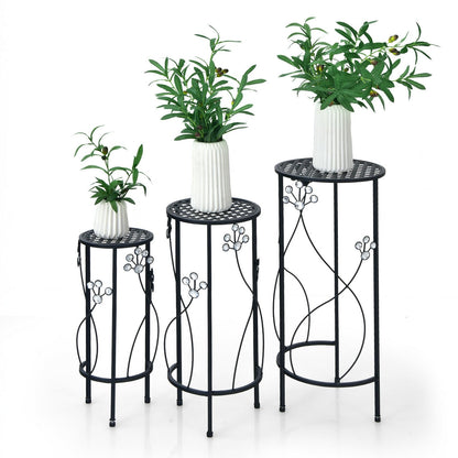 3 Pieces Metal Plant Stand Set with Crystal Floral Accents Round, Black - Gallery Canada