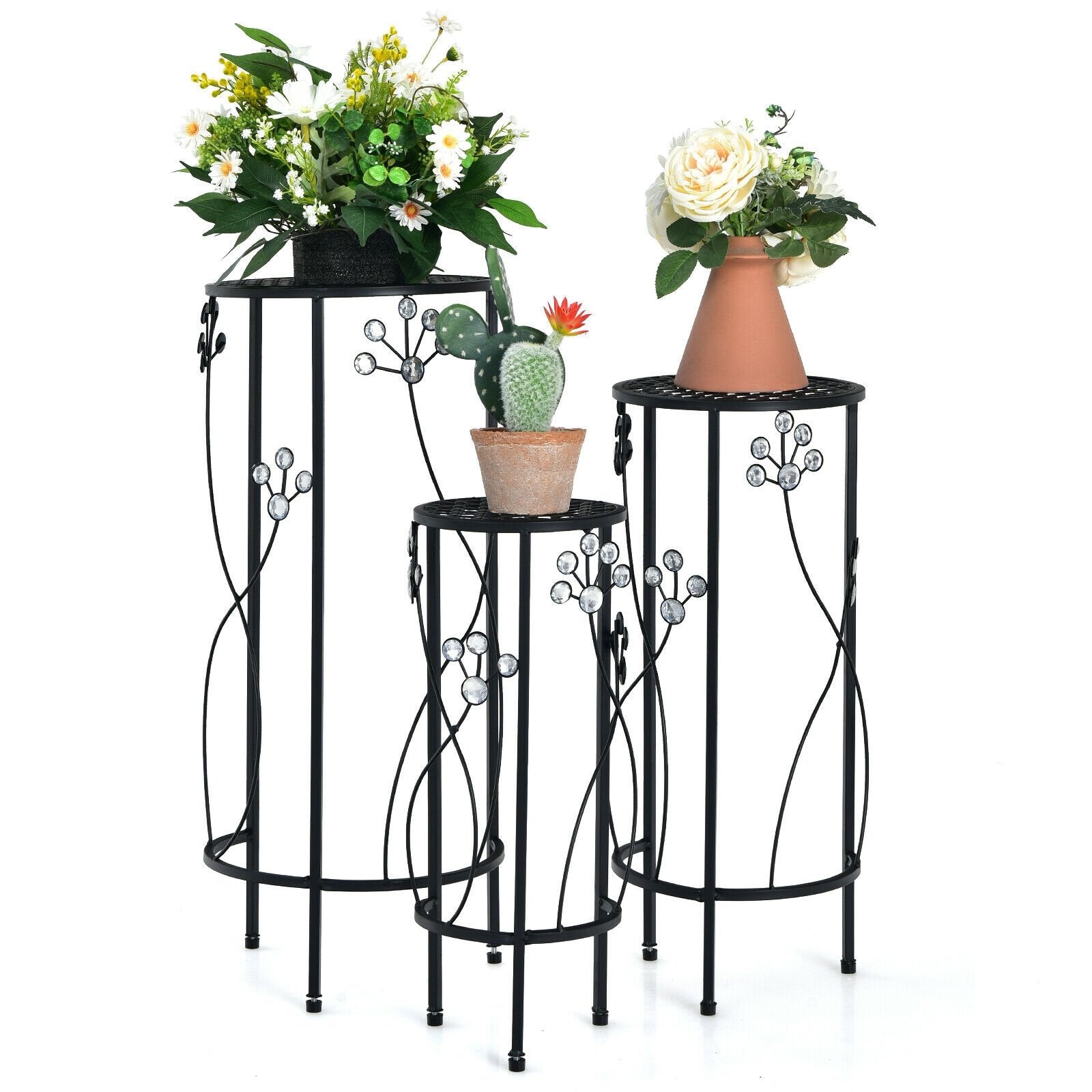 3 Pieces Metal Plant Stand Set with Crystal Floral Accents Round, Black Plant Stands   at Gallery Canada