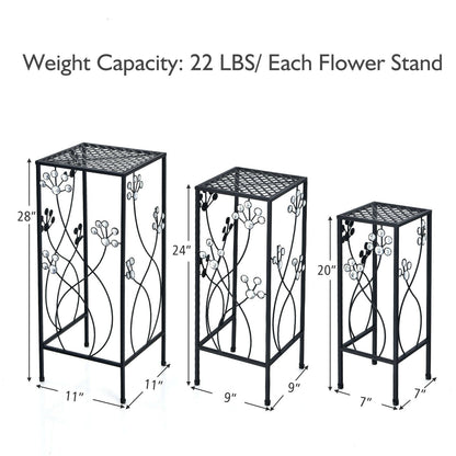 3 Pieces Metal Plant Stand Set with Crystal Floral Accents Square, Black - Gallery Canada