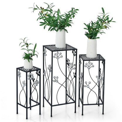 3 Pieces Metal Plant Stand Set with Crystal Floral Accents Square, Black - Gallery Canada