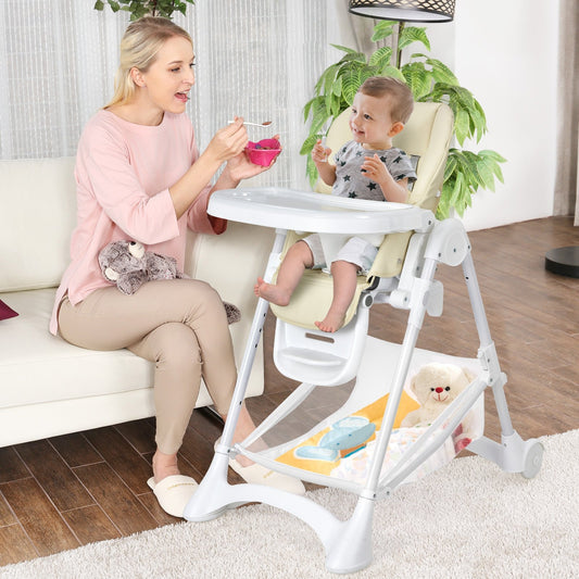 Baby Convertible Folding Adjustable High Chair with Wheel Tray Storage Basket, Beige High Chairs   at Gallery Canada