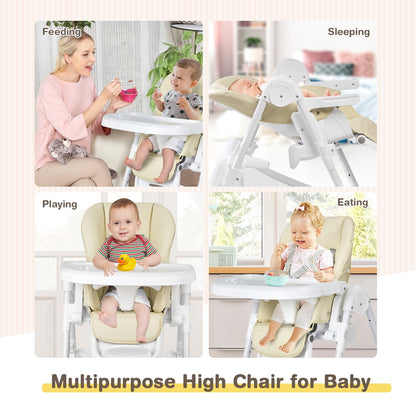 Baby Convertible Folding Adjustable High Chair with Wheel Tray Storage Basket, Beige High Chairs   at Gallery Canada