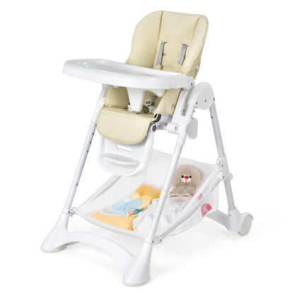 Baby Convertible Folding Adjustable High Chair with Wheel Tray Storage Basket, Beige High Chairs   at Gallery Canada