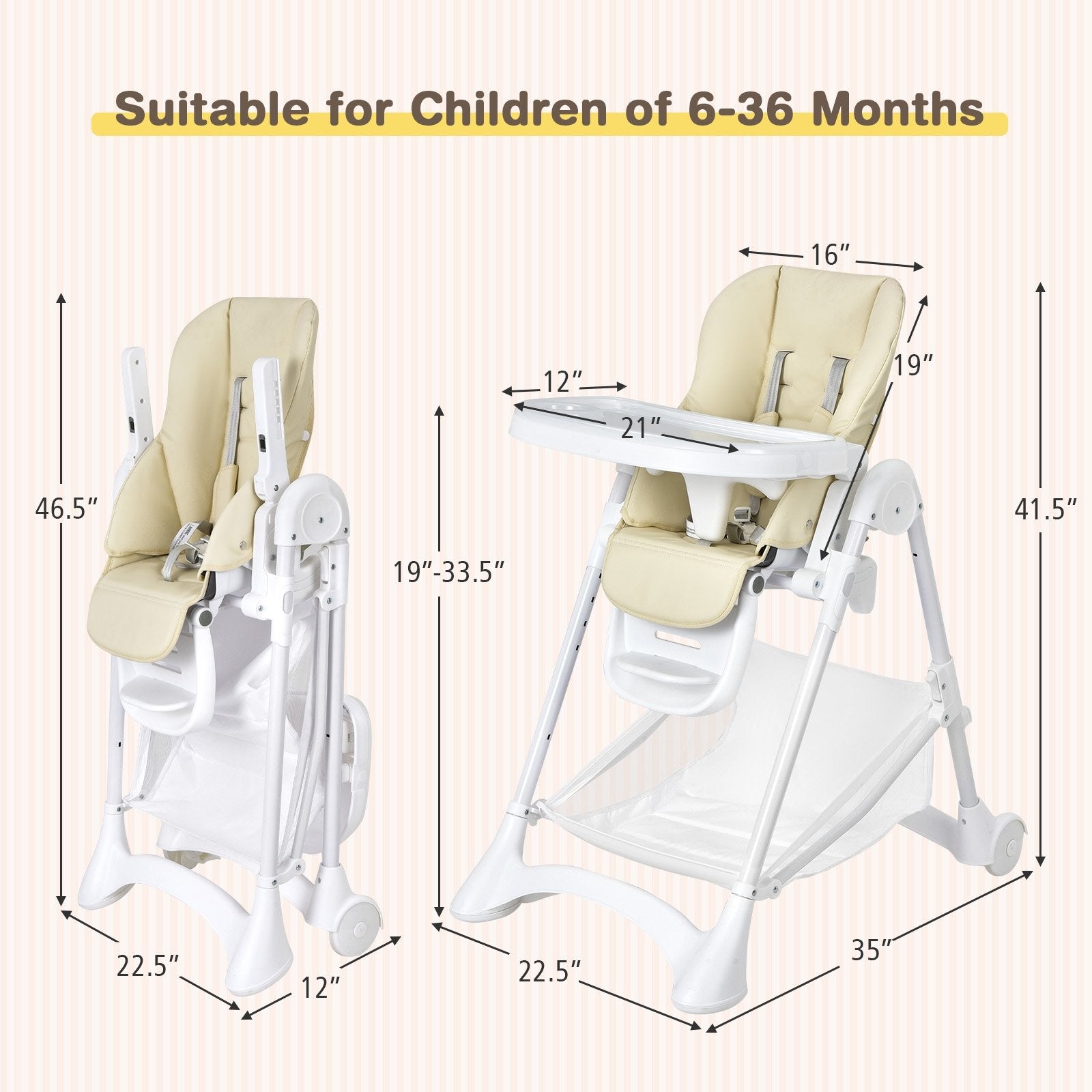 Baby Convertible Folding Adjustable High Chair with Wheel Tray Storage Basket, Beige High Chairs   at Gallery Canada