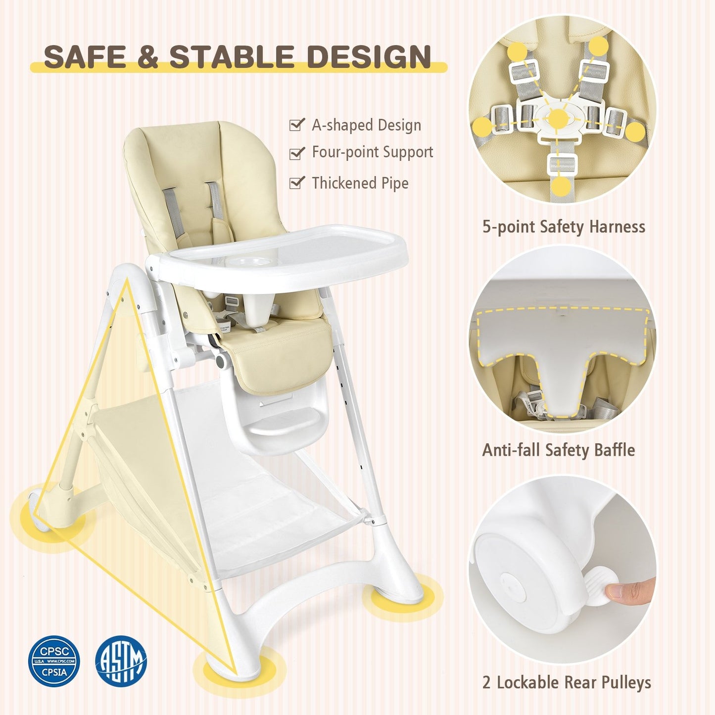 Baby Convertible Folding Adjustable High Chair with Wheel Tray Storage Basket, Beige High Chairs   at Gallery Canada