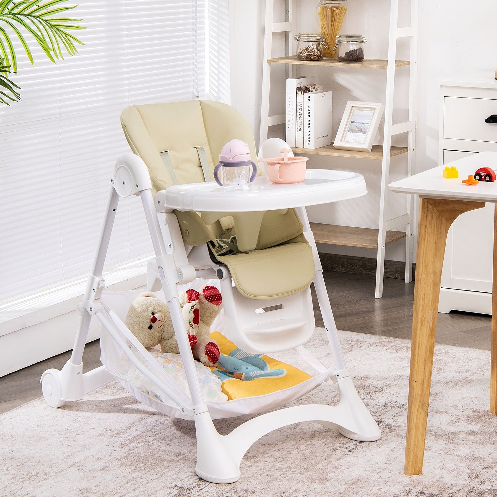 Baby Convertible Folding Adjustable High Chair with Wheel Tray Storage Basket, Beige High Chairs   at Gallery Canada