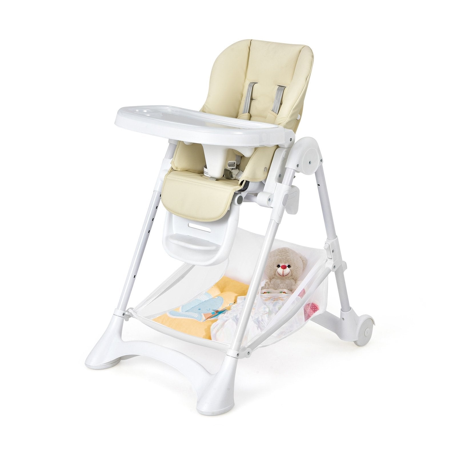 Baby Convertible Folding Adjustable High Chair with Wheel Tray Storage Basket, Beige High Chairs   at Gallery Canada