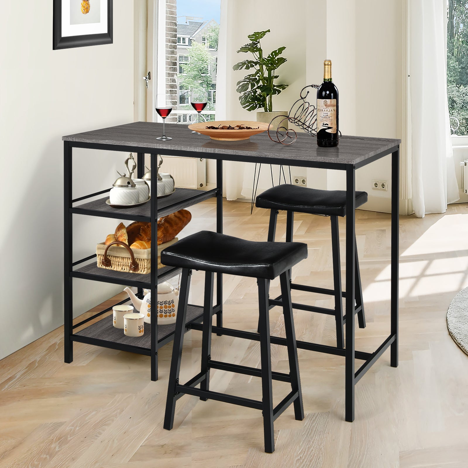 3 Pieces Counter Height Dining Bar Table Set with 2 Stools and 3 Storage Shelves, Gray - Gallery Canada