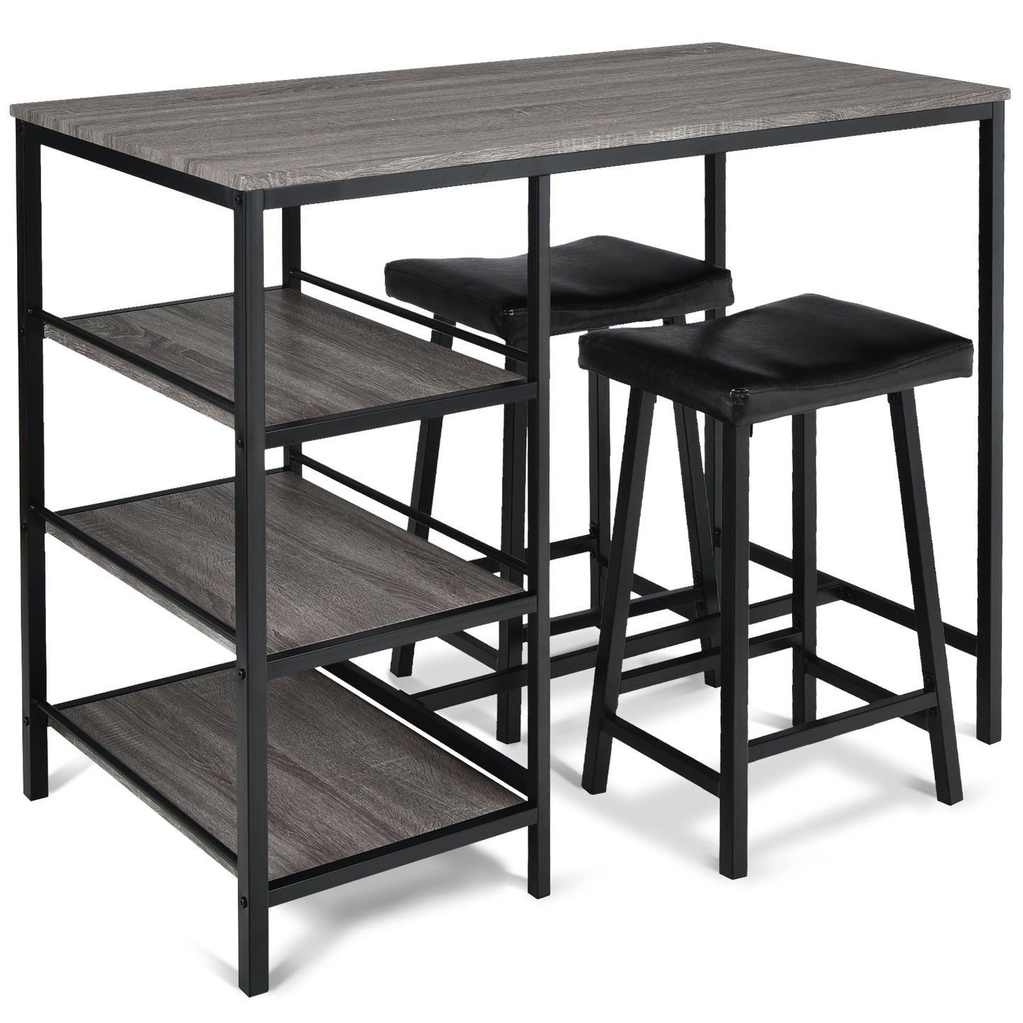 3 Pieces Counter Height Dining Bar Table Set with 2 Stools and 3 Storage Shelves, Gray - Gallery Canada