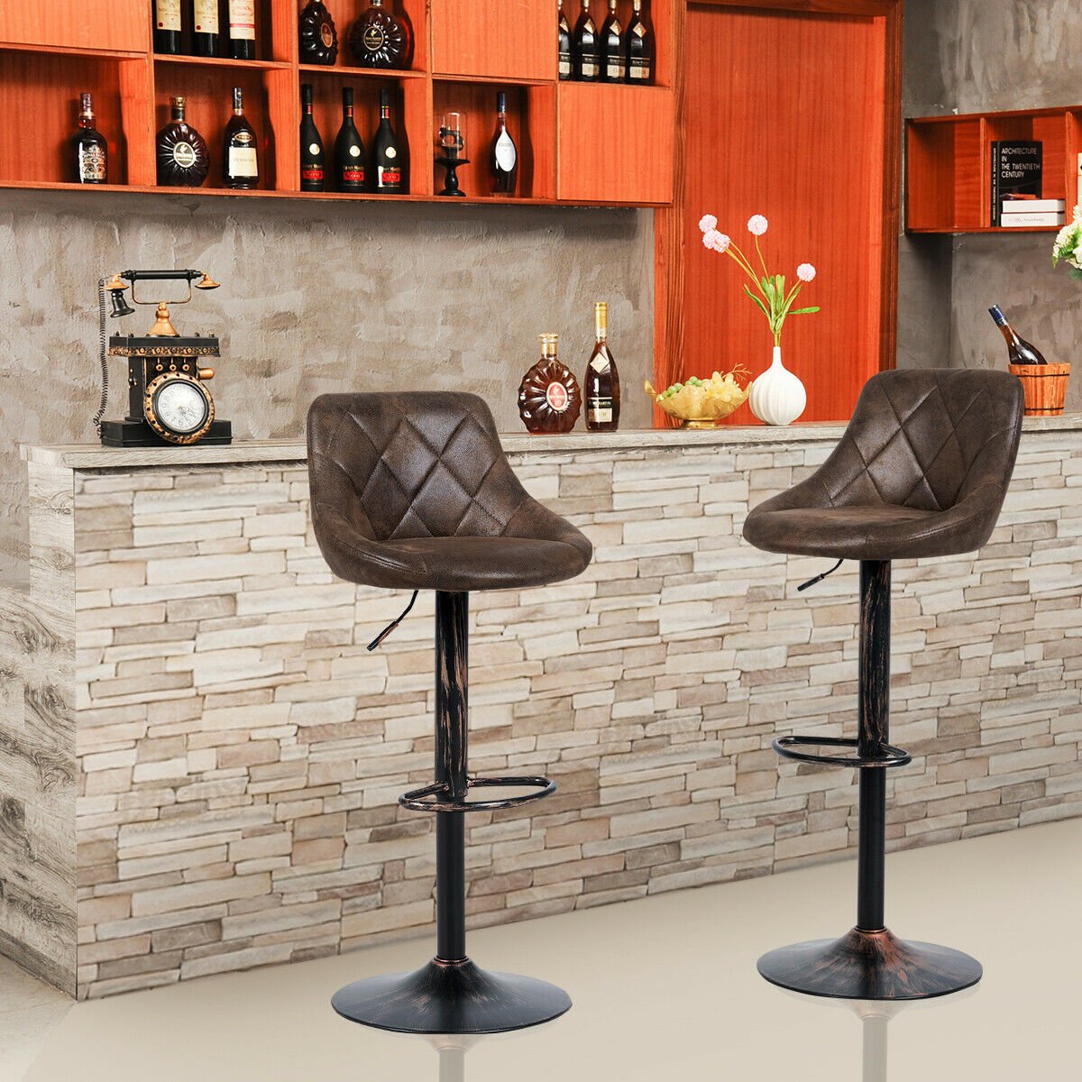 Set of 2 Adjustable Bar Stools with Backrest and Footrest, Dark Brown Bar Stools   at Gallery Canada