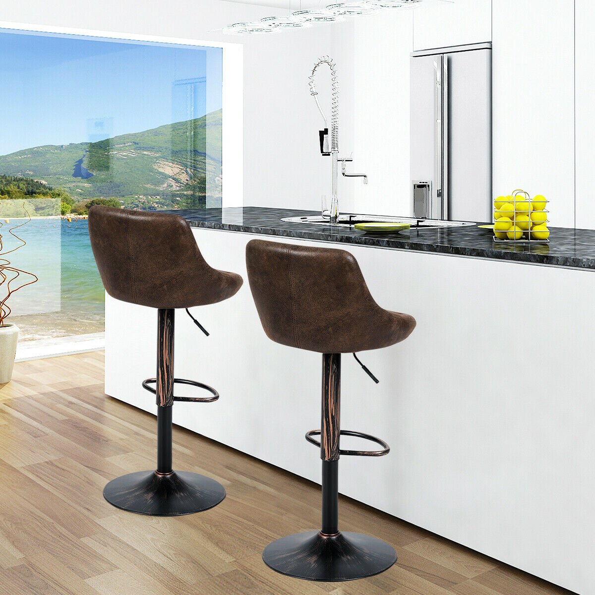 Set of 2 Adjustable Bar Stools with Backrest and Footrest, Dark Brown Bar Stools   at Gallery Canada