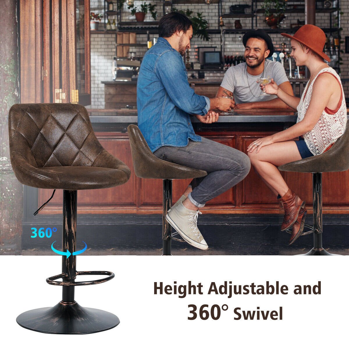 Set of 2 Adjustable Bar Stools with Backrest and Footrest, Dark Brown Bar Stools   at Gallery Canada