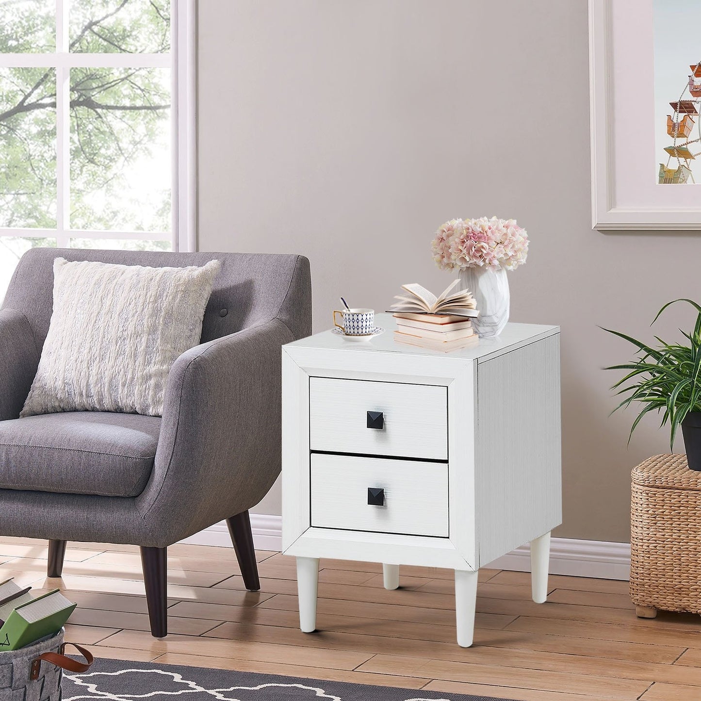 Multipurpose Retro Bedside Nightstand/ End Table with 2 Drawers, White Nightstands   at Gallery Canada