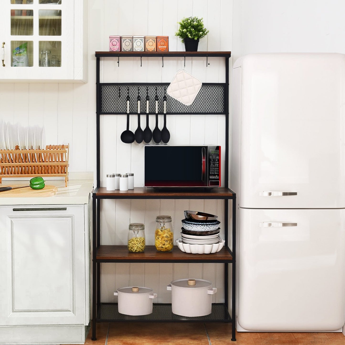 4-Tier Kitchen Rack Stand with Hooks and Mesh Panel, Brown Baker's Racks   at Gallery Canada