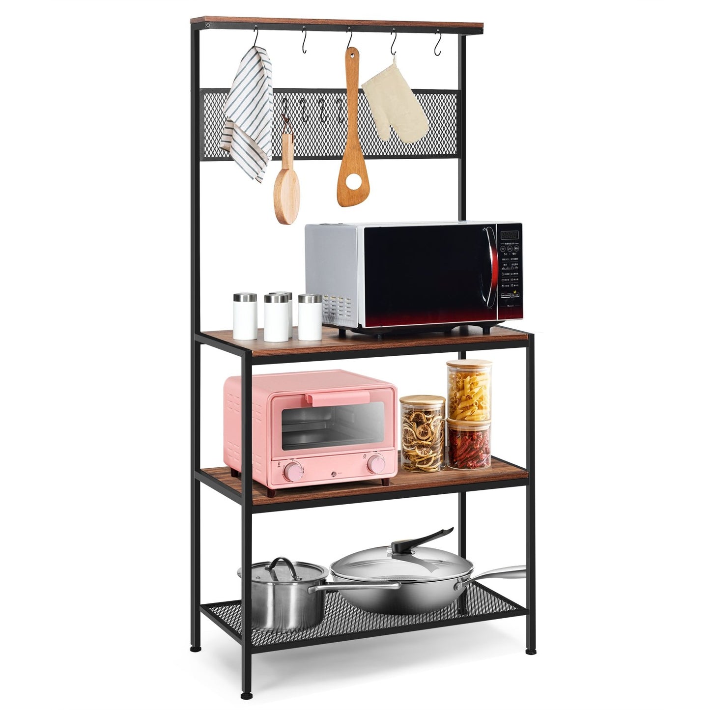 4-Tier Kitchen Rack Stand with Hooks and Mesh Panel, Brown Baker's Racks   at Gallery Canada