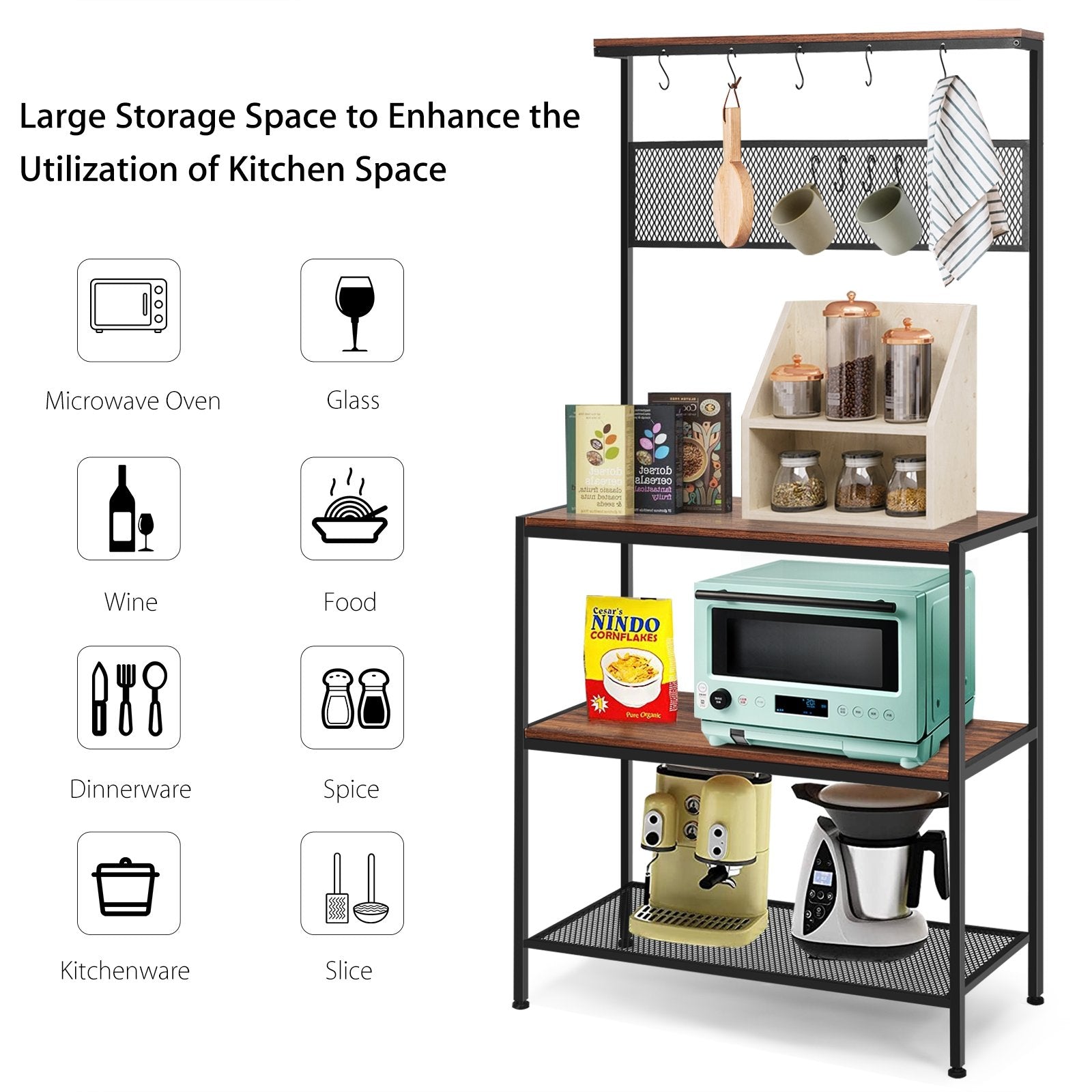 4-Tier Kitchen Rack Stand with Hooks and Mesh Panel, Brown Baker's Racks   at Gallery Canada