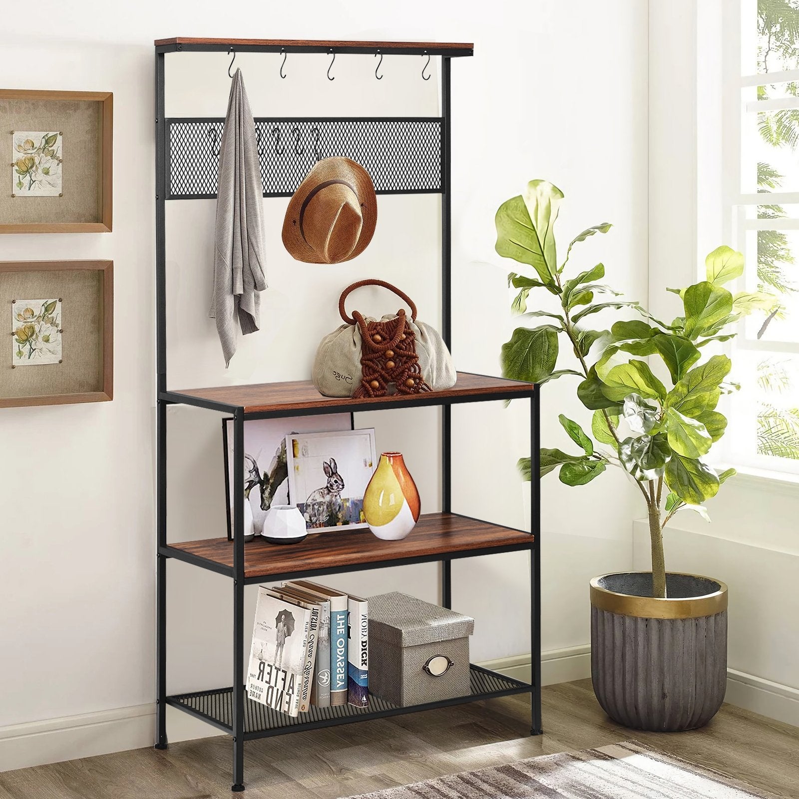 4-Tier Kitchen Rack Stand with Hooks and Mesh Panel, Brown Baker's Racks   at Gallery Canada