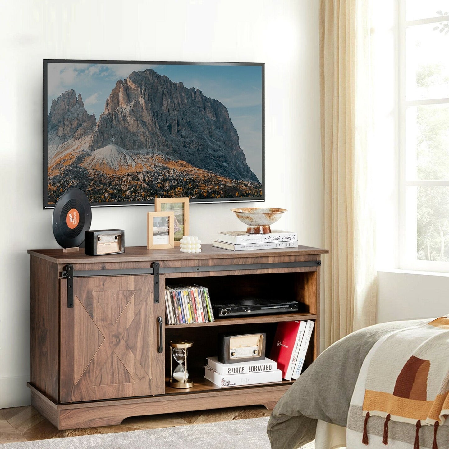 Sliding Barn Door TV Stand with Adjustable Shelf Cabinet-Dark Walnut, Brown - Gallery Canada