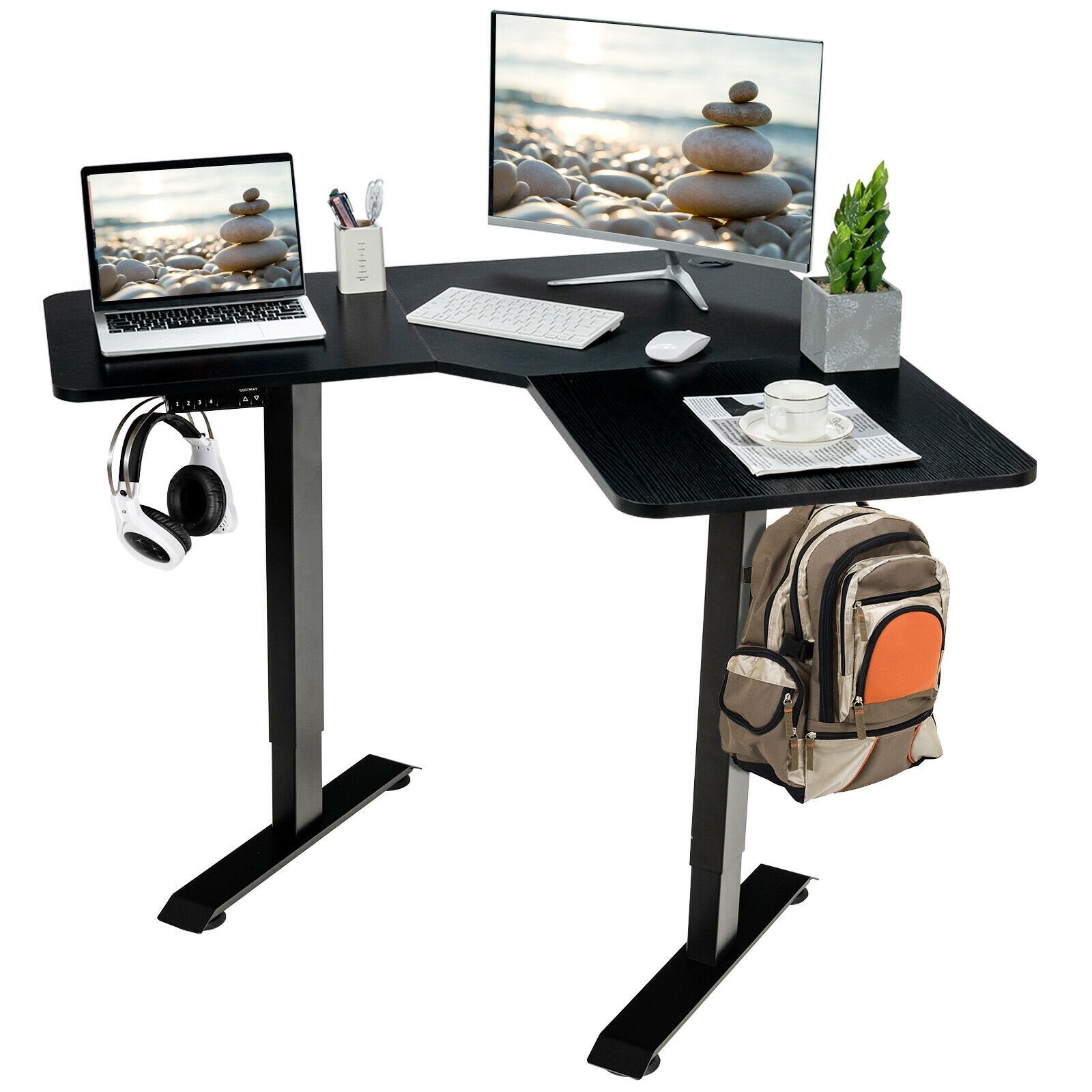 L-shaped Electric Standing Desk with 4 Memory Positions and LCD Display, Black Standing Desks   at Gallery Canada