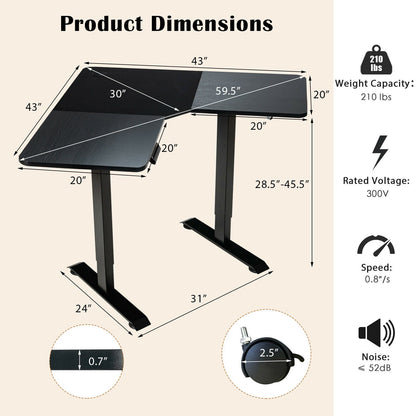 L-shaped Electric Standing Desk with 4 Memory Positions and LCD Display, Black Standing Desks   at Gallery Canada