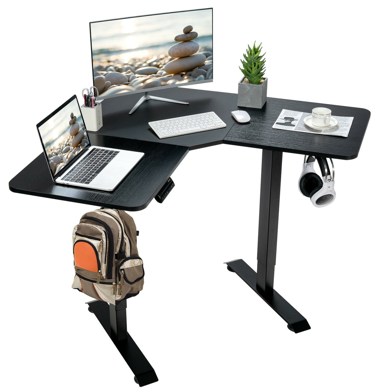 L-shaped Electric Standing Desk with 4 Memory Positions and LCD Display, Black Standing Desks   at Gallery Canada