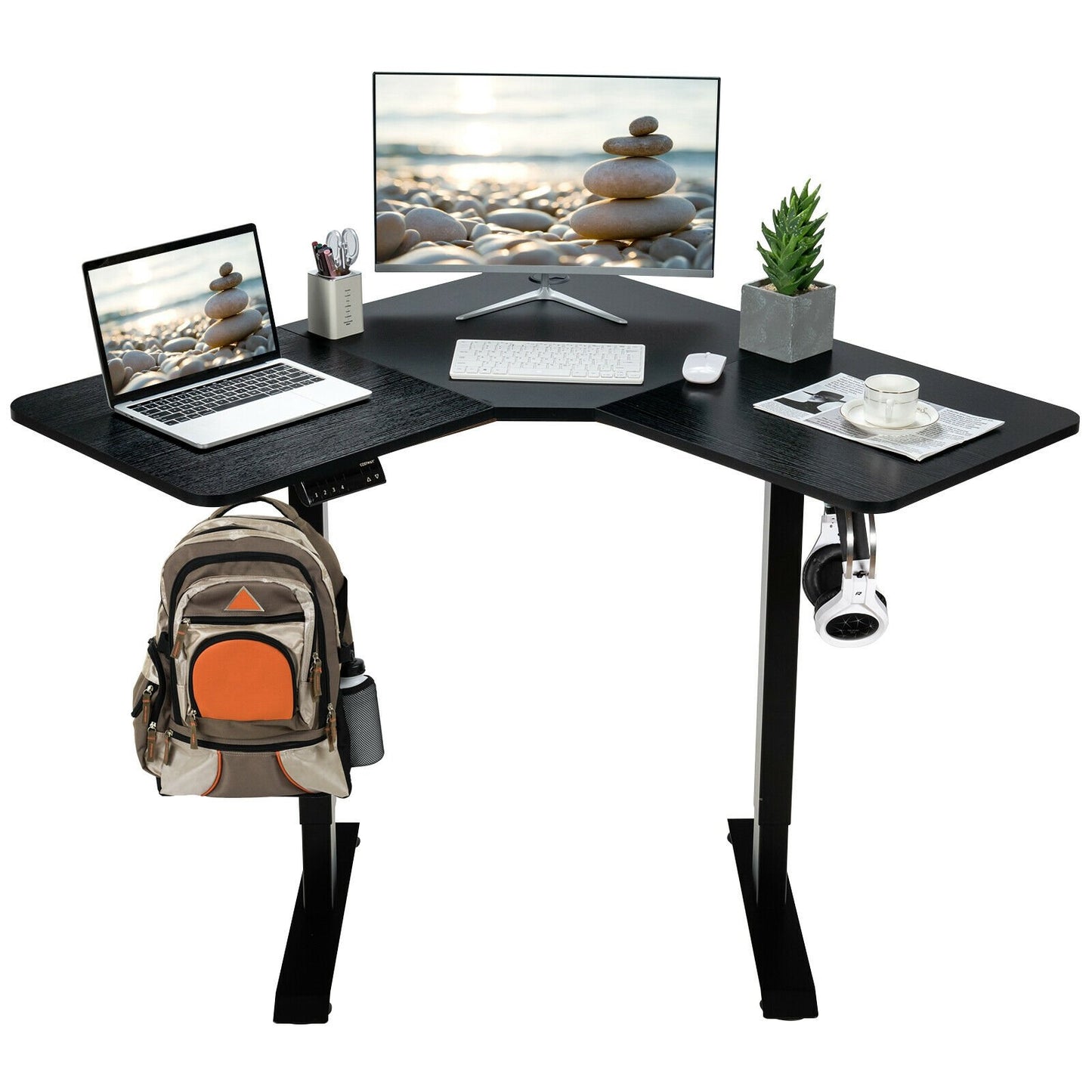 L-shaped Electric Standing Desk with 4 Memory Positions and LCD Display, Black Standing Desks   at Gallery Canada