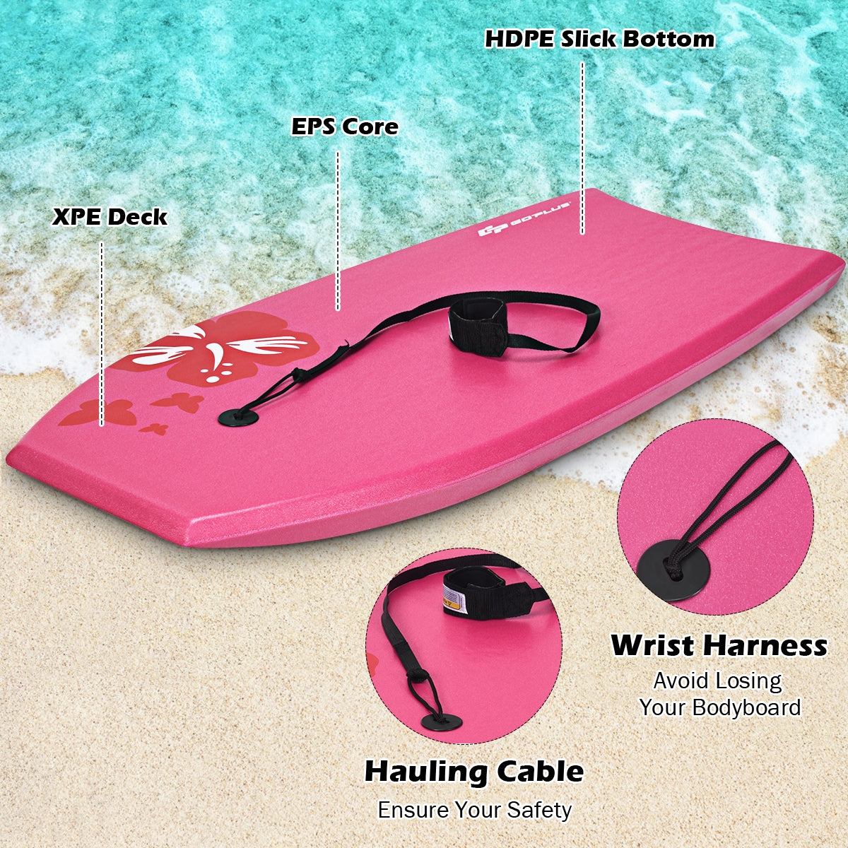 Lightweight Bodyboard Surfing with Leash EPS Core Boarding IXPE-M, Pink Surfing at Gallery Canada