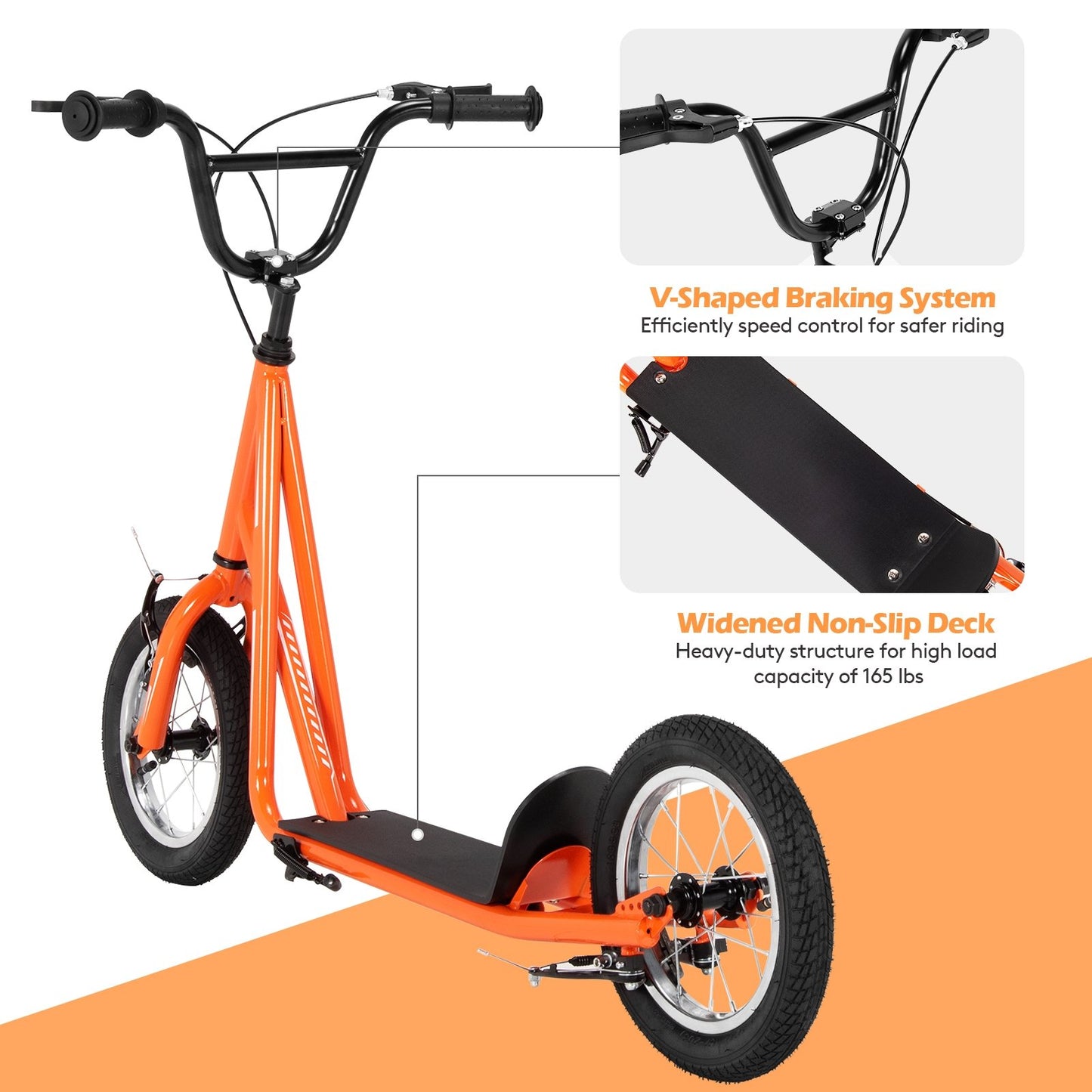 Height Adjustable Kid Kick Scooter with 12 Inch Air Filled Wheel, Orange - Gallery Canada