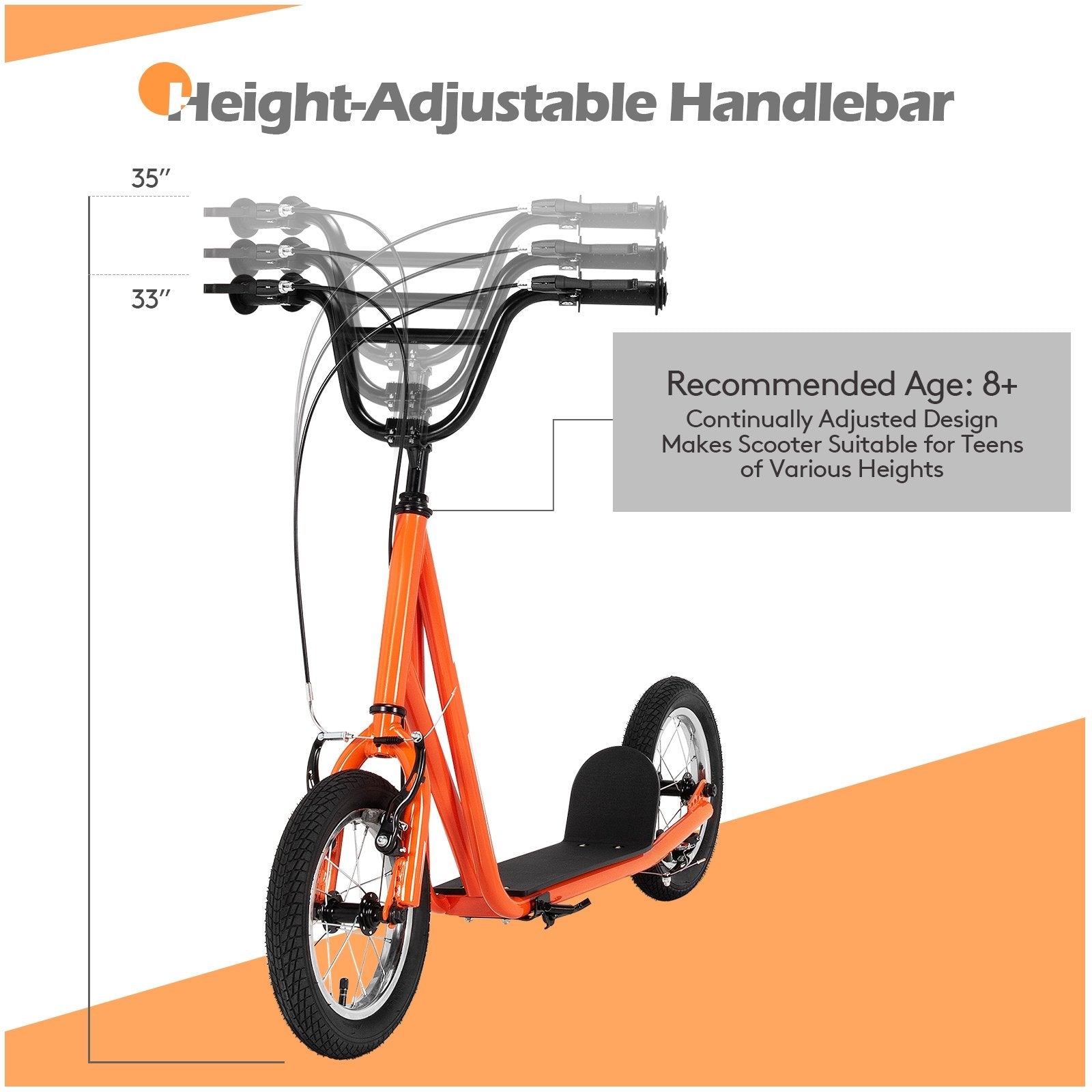Height Adjustable Kid Kick Scooter with 12 Inch Air Filled Wheel, Orange - Gallery Canada