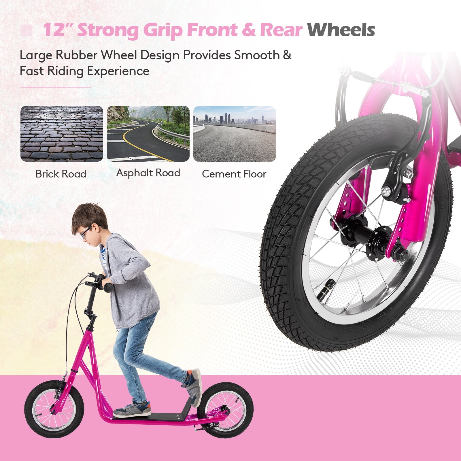 Height Adjustable Kid Kick Scooter with 12 Inch Air Filled Wheel, Pink Scooters at Gallery Canada
