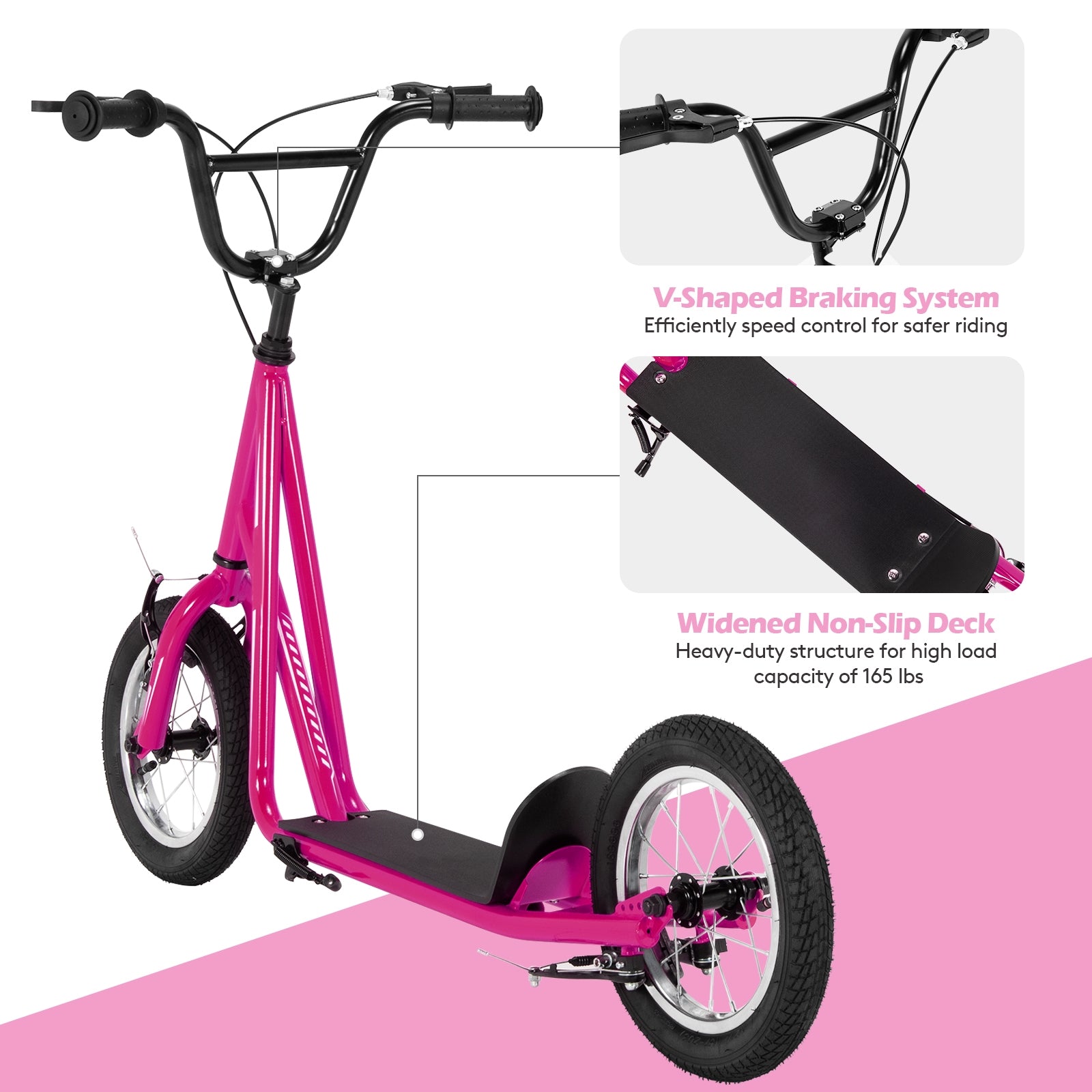 Height Adjustable Kid Kick Scooter with 12 Inch Air Filled Wheel, Pink Scooters at Gallery Canada