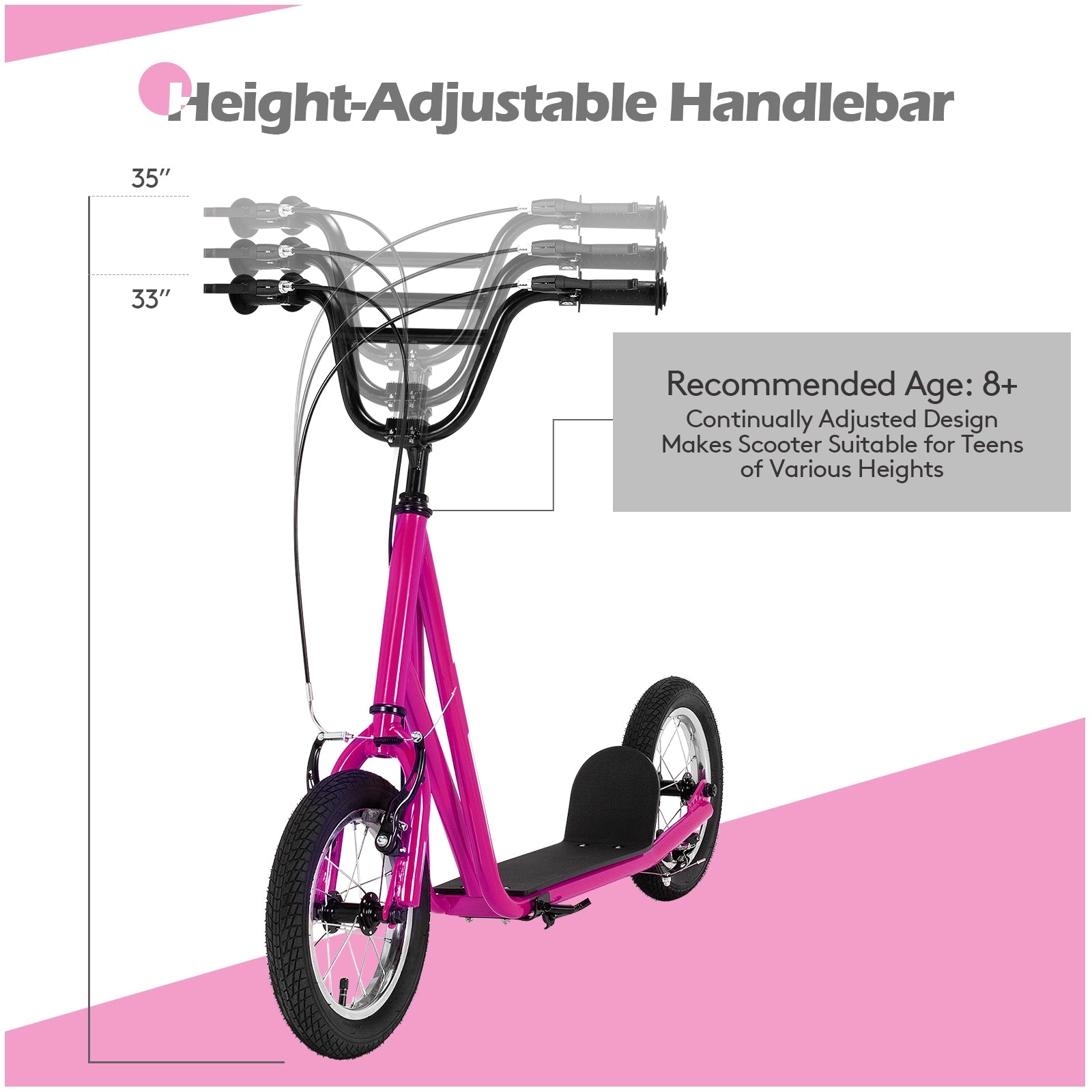 Height Adjustable Kid Kick Scooter with 12 Inch Air Filled Wheel, Pink Scooters at Gallery Canada