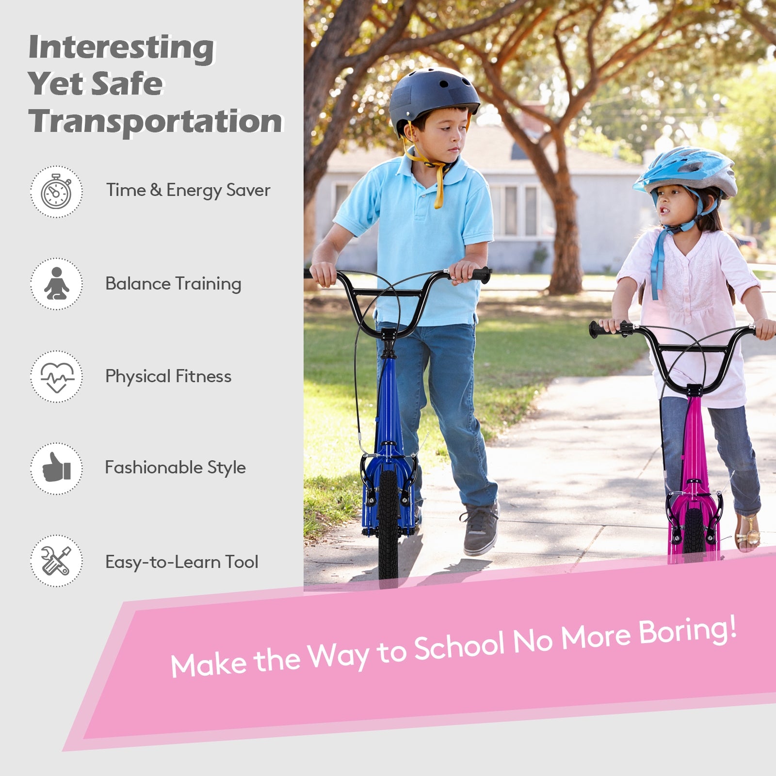 Height Adjustable Kid Kick Scooter with 12 Inch Air Filled Wheel, Pink Scooters at Gallery Canada