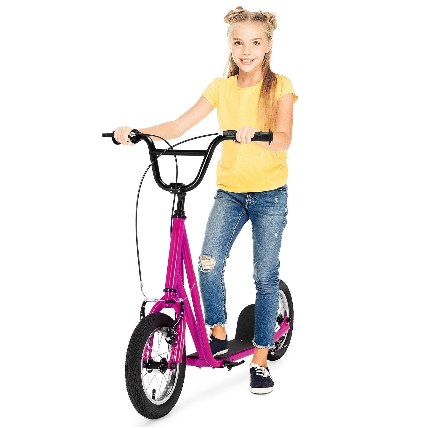 Height Adjustable Kid Kick Scooter with 12 Inch Air Filled Wheel, Pink - Gallery Canada