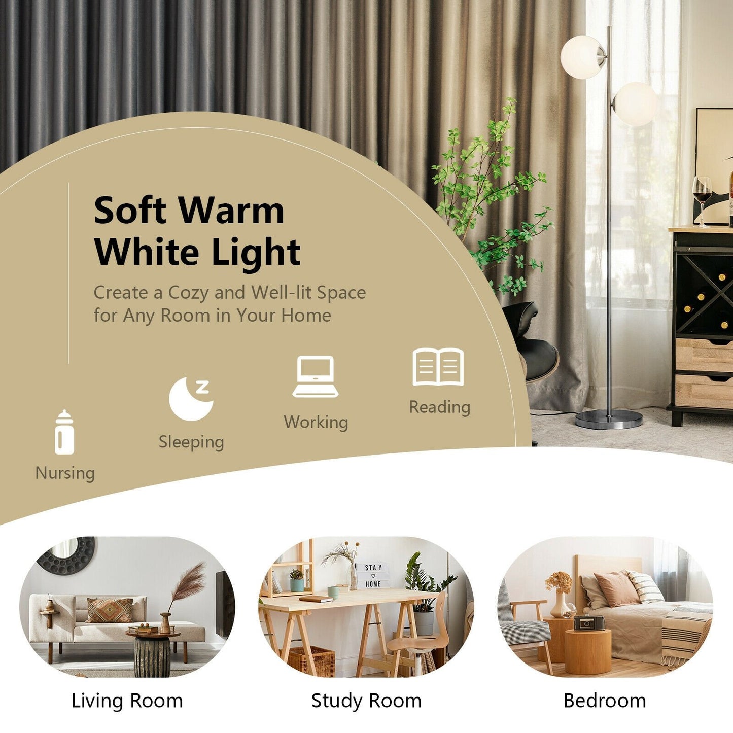 65 Inch LED Floor Lamp with 2 Light Bulbs and Foot Switch, Silver - Gallery Canada