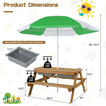 3-in-1 Kids Outdoor Picnic Water Sand Table with Umbrella Play Boxes, Green - Gallery Canada