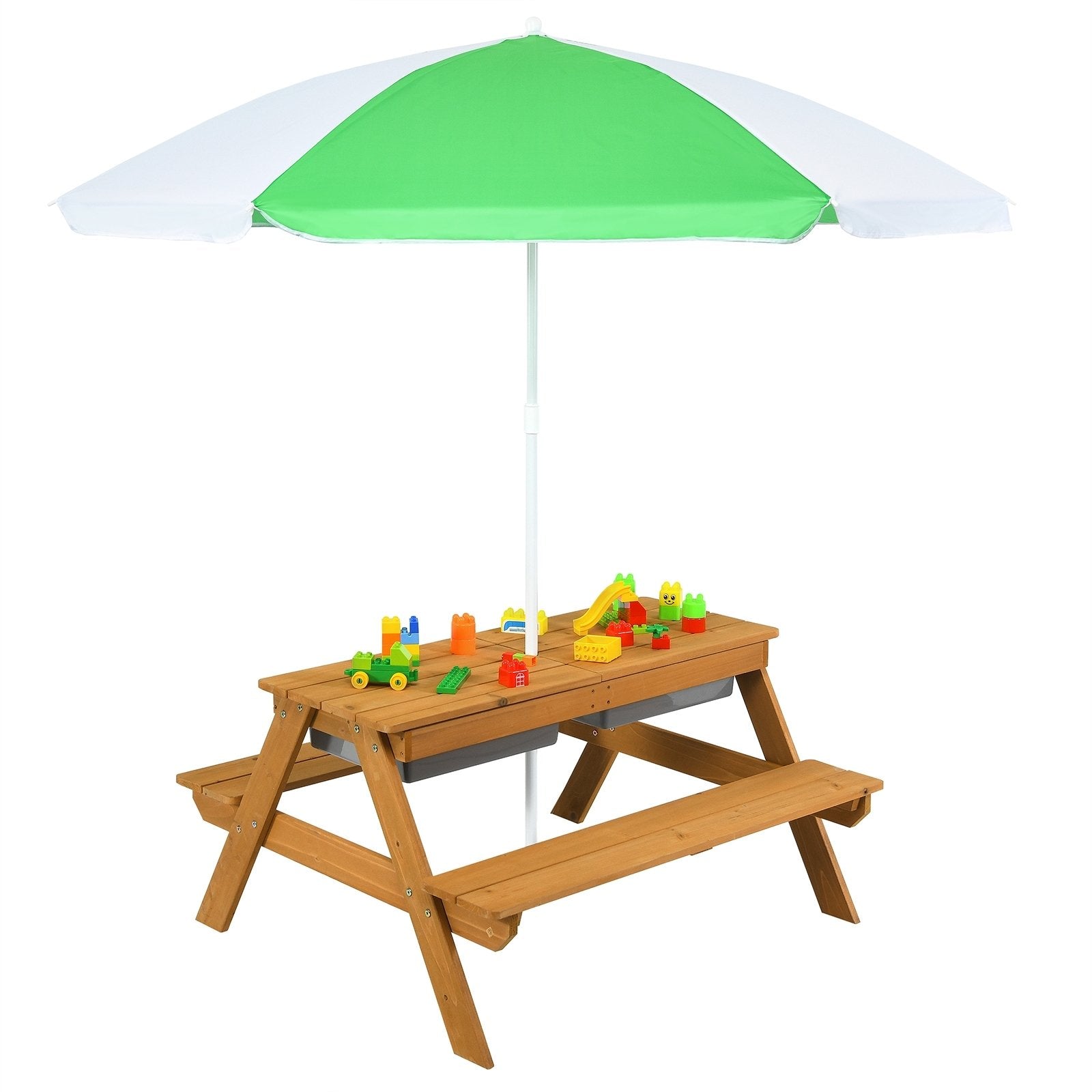 3-in-1 Kids Outdoor Picnic Water Sand Table with Umbrella Play Boxes, Green Kids Table & Chair Sets   at Gallery Canada