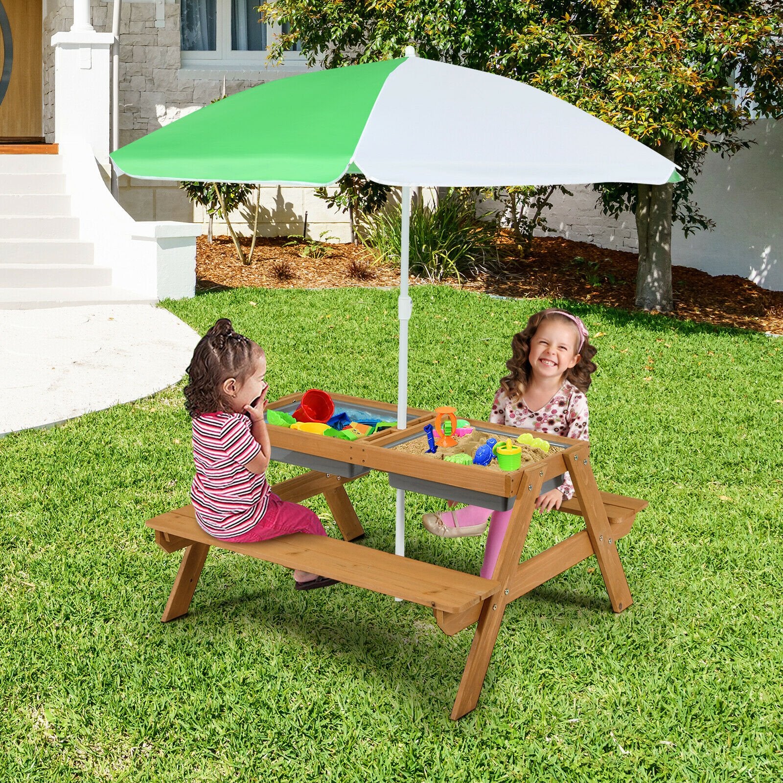 3-in-1 Kids Outdoor Picnic Water Sand Table with Umbrella Play Boxes, Green Kids Table & Chair Sets   at Gallery Canada