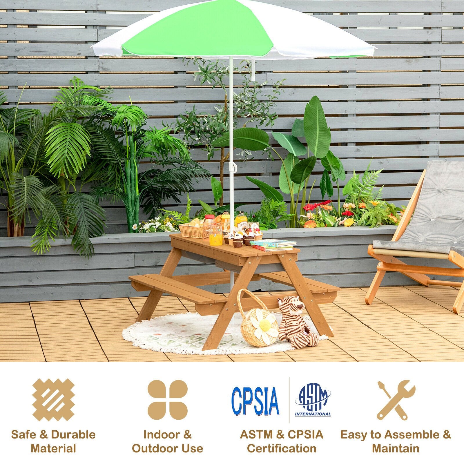 3-in-1 Kids Outdoor Picnic Water Sand Table with Umbrella Play Boxes, Green Kids Table & Chair Sets   at Gallery Canada