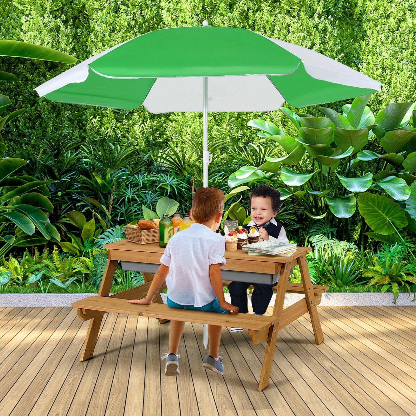 3-in-1 Kids Outdoor Picnic Water Sand Table with Umbrella Play Boxes, Green Kids Table & Chair Sets   at Gallery Canada