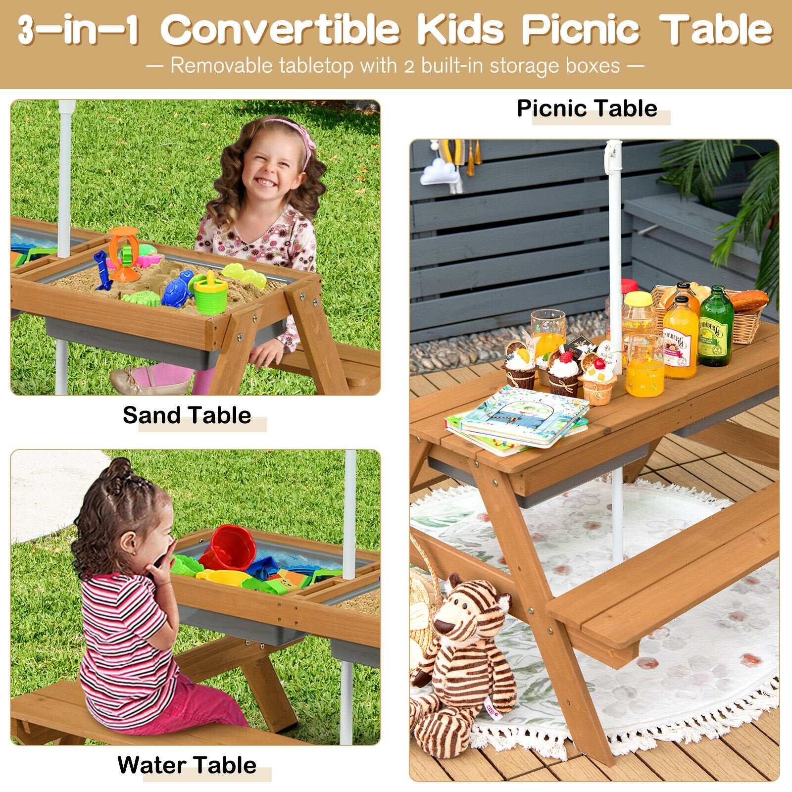 3-in-1 Kids Outdoor Picnic Water Sand Table with Umbrella Play Boxes, Green Kids Table & Chair Sets   at Gallery Canada