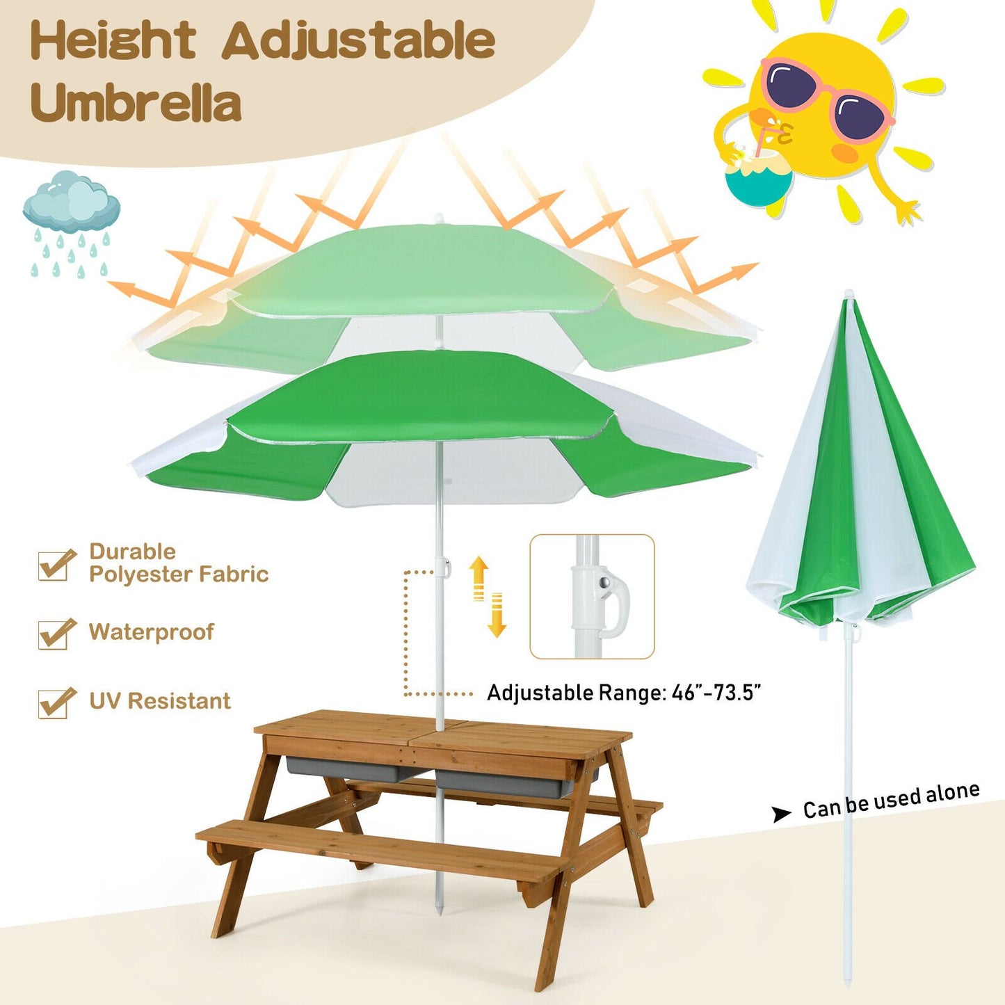 3-in-1 Kids Outdoor Picnic Water Sand Table with Umbrella Play Boxes, Green - Gallery Canada