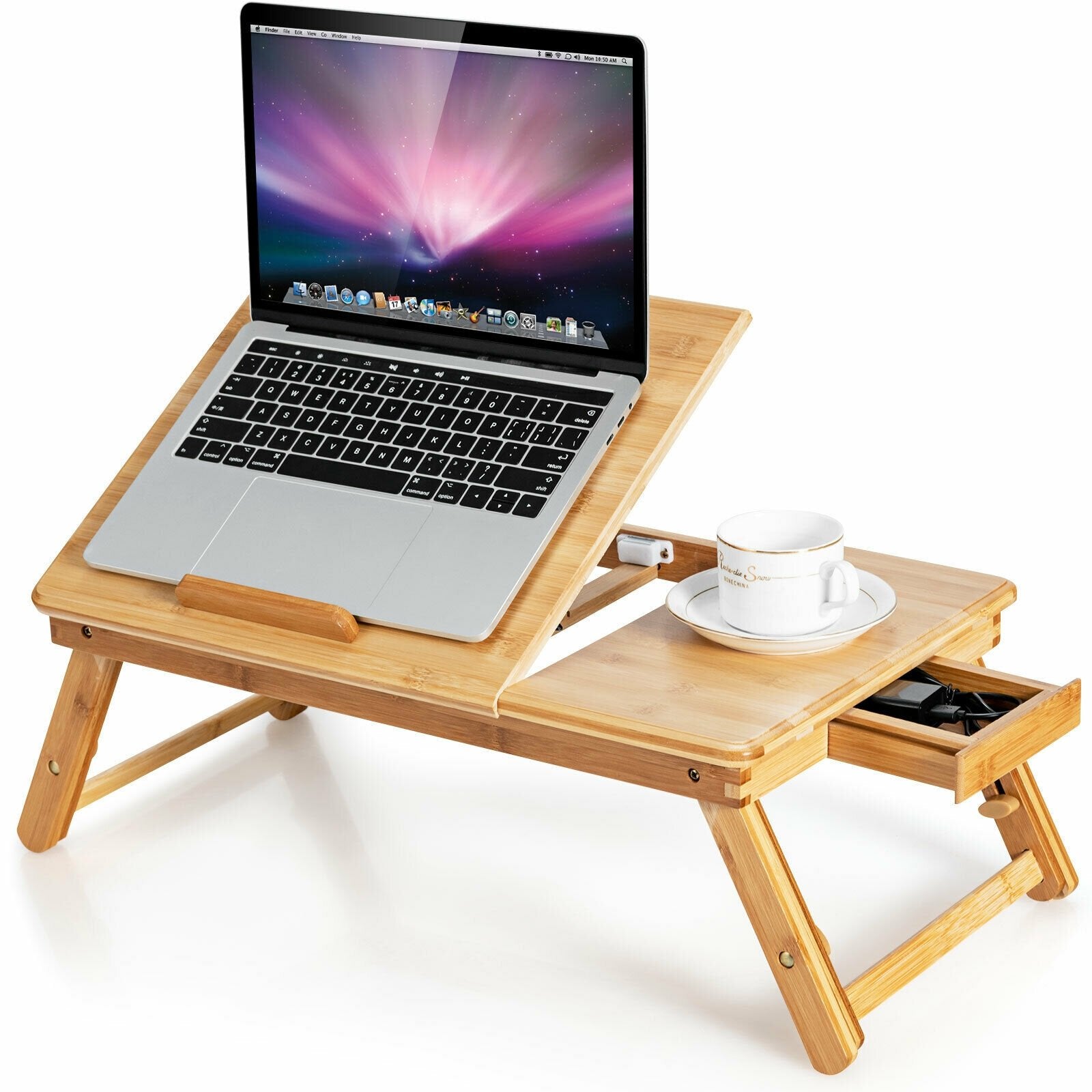 Bamboo Laptop Lap Tray with Adjustable Legs and Tilting Heat-dissipation Top, Natural - Gallery Canada